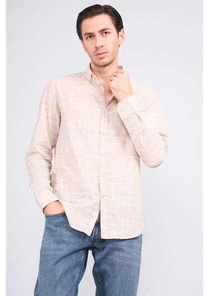 205 Erkek Uzun Kol Desenli Slimfit Cepsiz Gömlek Bej 1-3