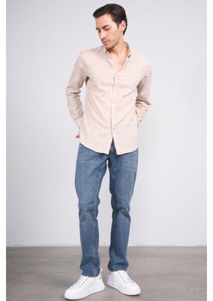 205 Erkek Uzun Kol Desenli Slimfit Cepsiz Gömlek Bej 1-3 fiyatları