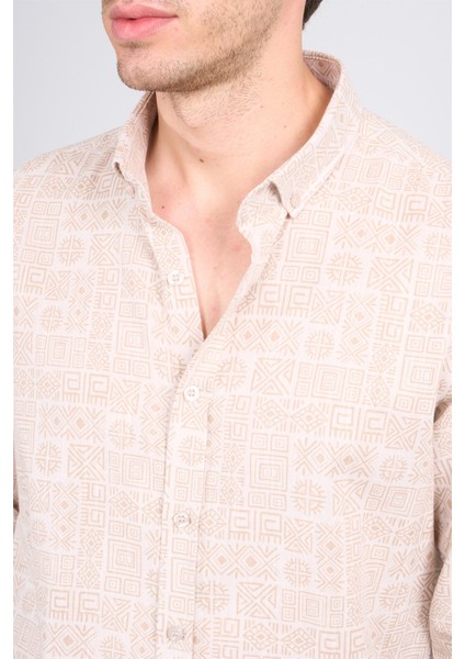 205 Erkek Uzun Kol Desenli Slimfit Cepsiz Gömlek Bej 1-3 modelleri