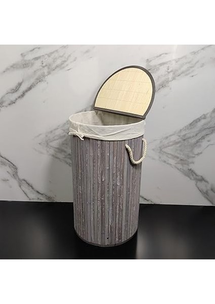El Yapımı Hasır Katlanır Çamaşır Sepeti Yuvarlak 55 Litre (35CM*35CM*61CM), Doğal Malzemeden Üretilmiş Çamaşırlık (Gri) modelleri