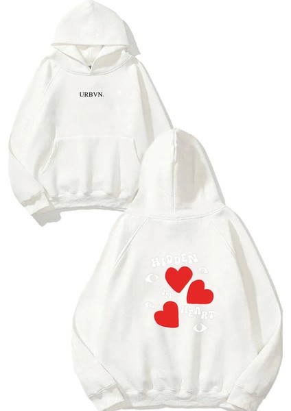 Hidden Tasarım Baskılı Oversize Beyaz Kapüşonlu Sweatshirt