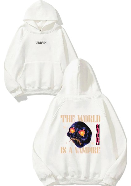 Vampire World Tasarım Baskılı Oversize Beyaz Kapüşonlu Sweatshirt