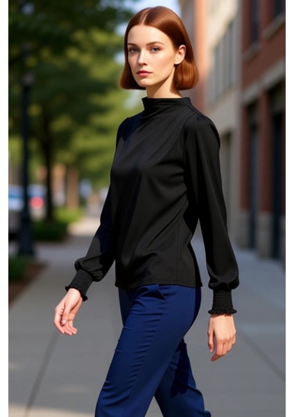 Kadın Ekru Dik Yaka Regular Fit Esnek Örme Bluz Gipe Kol Detaylı Smart Business Tarzı Klasik Kışlık