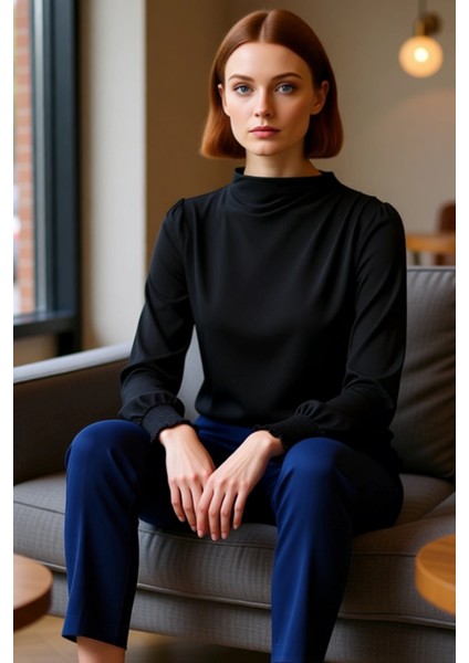 Kadın Ekru Dik Yaka Regular Fit Esnek Örme Bluz Gipe Kol Detaylı Smart Business Tarzı Klasik Kışlık fiyatları