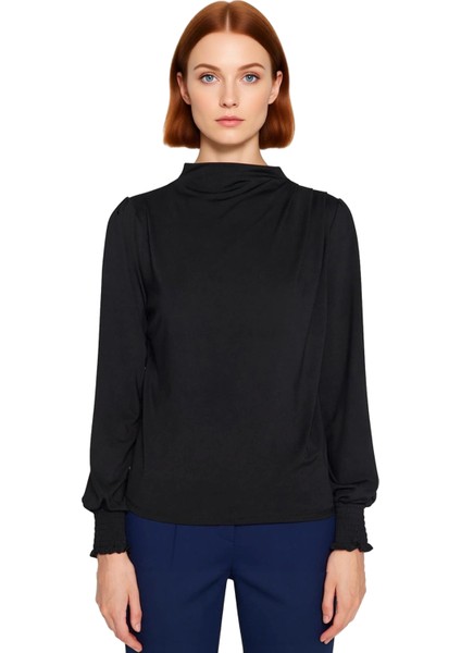 Kadın Ekru Dik Yaka Regular Fit Esnek Örme Bluz Gipe Kol Detaylı Smart Business Tarzı Klasik Kışlık modelleri