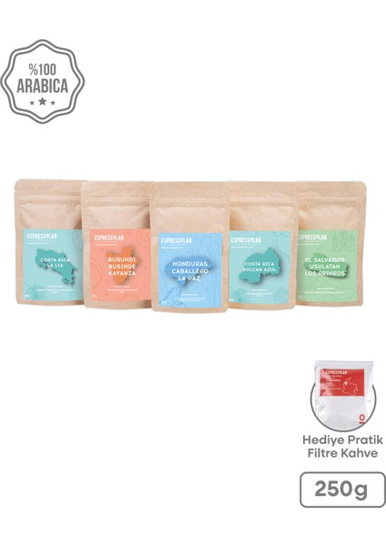 Çekirdek Kahve Dünya Kahveleri Deneme Seti – 5 Farklı Tür, 250 gr Premium Kahve Paketi