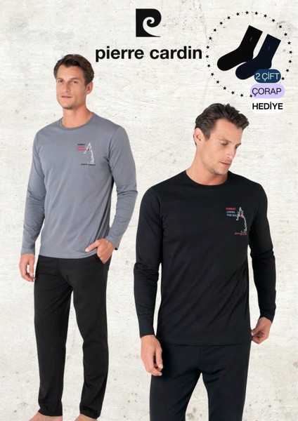 Erkek %100 Pamuk Uzun Kol Baskılı Koyu Gri & Siyah Iki Adet Pijama Takımı L1.PC.6103.002