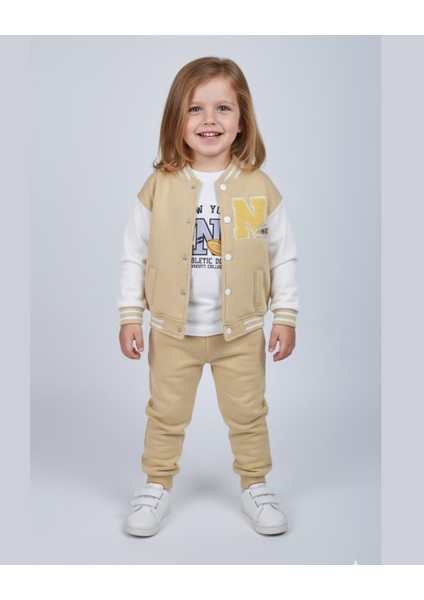 Nyc Nakışlı Unisex Kolej Çocuk Takımı 3'lü Ceket Sweat Pantolon 6-24 Ay,2-5 Yaş (Bej & Mavi)