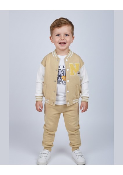 Nyc Nakışlı Unisex Kolej Çocuk Takımı 3'lü Ceket Sweat Pantolon 6-24 Ay,2-5 Yaş (Bej & Mavi) fiyatları