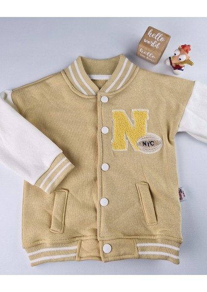 Nyc Nakışlı Unisex Kolej Çocuk Takımı 3'lü Ceket Sweat Pantolon 6-24 Ay,2-5 Yaş (Bej & Mavi) modelleri