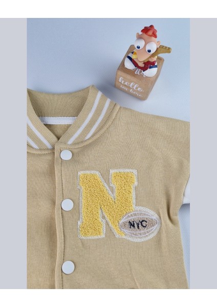 Nyc Nakışlı Unisex Kolej Çocuk Takımı 3'lü Ceket Sweat Pantolon 6-24 Ay,2-5 Yaş (Bej & Mavi) indirimleri