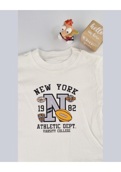 Nyc Nakışlı Unisex Kolej Çocuk Takımı 3'lü Ceket Sweat Pantolon 6-24 Ay,2-5 Yaş (Bej & Mavi)