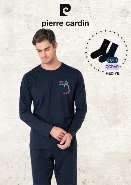 Erkek %100 Pamuk Uzun Kol Baskılı Lacivert Pijama Takımı (2 Adet Hediye Çorap) L1.PC.6103.001