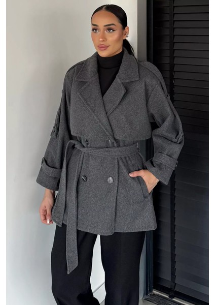 Kadın Bel Kuşaklı Çift Cepli Kruvaze Yaka Kaşe Kaban P-00018939 fiyatları