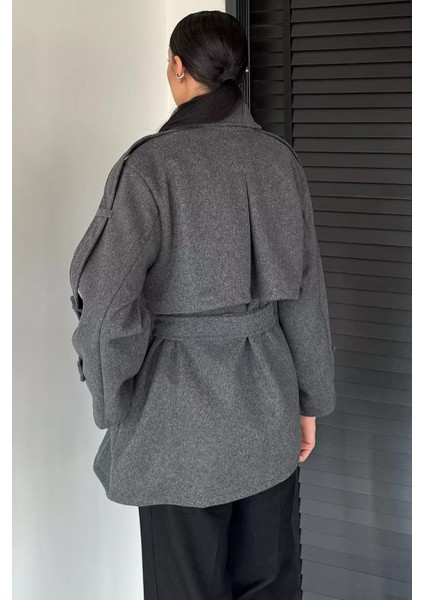 Kadın Bel Kuşaklı Çift Cepli Kruvaze Yaka Kaşe Kaban P-00018939 fırsatları