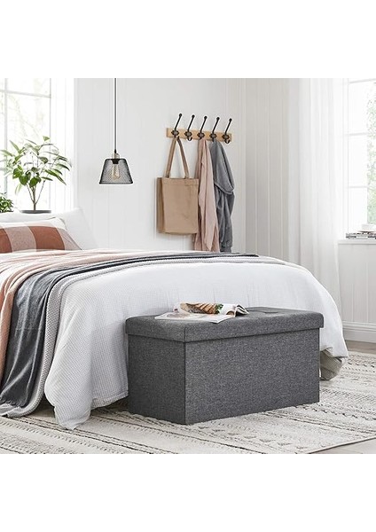 Saklama Alanlı Oturma Bankı, Oturma Sandığı, Tabure, Saklama Kutusu, Ayak Koyma Yeri, Katlanabilir, 300 Kg'a Kadar Taşıyabilir, 80 L, 76 x 38 x 38 Cm, Suni Keten, Koyu Gri, SPF47K fırsatları
