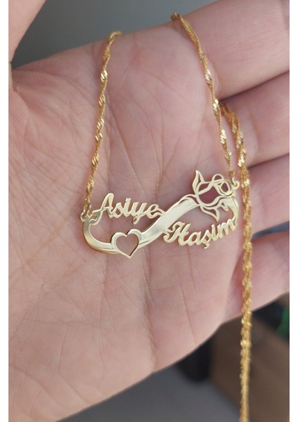 925 Ayar Gümüş 24 Ayar Altın Kaplama Kalp ve Gül Figürlü Sonsuzluk Kolye