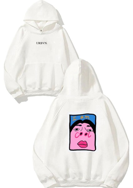 Iam Cool Tasarım Baskılı Oversize Beyaz Kapüşonlu Sweatshirt