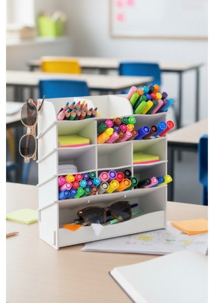 Wave 13 Gözlü Masaüstü Ahşap Organizer Kalemlik- Takı Makyaj Çok Amaçlı Organizer-Hediyelik