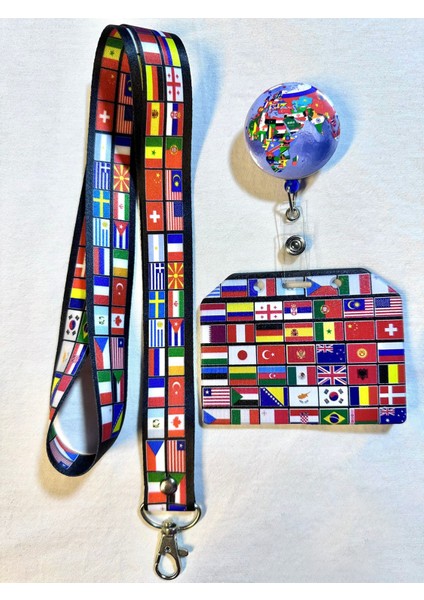 Dünya Bayrakları Boyun Askısı Yoyo ve Dik Kartlık Set