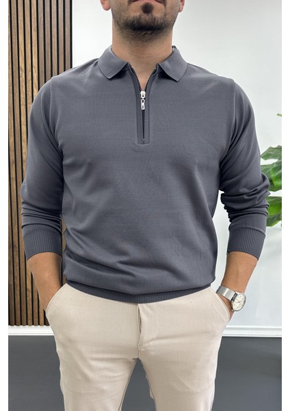 Erkek Yarım Fermuarlı Düz Desen Polo Yaka Kazak Antrasit EDW424