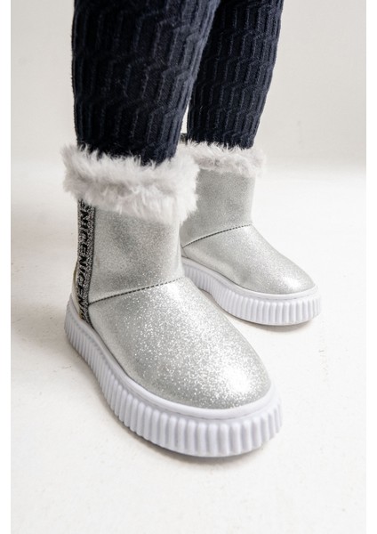 Kız Çocuk Gümüş Simli Suni Deri Kürklü Anatomik Kar Botu