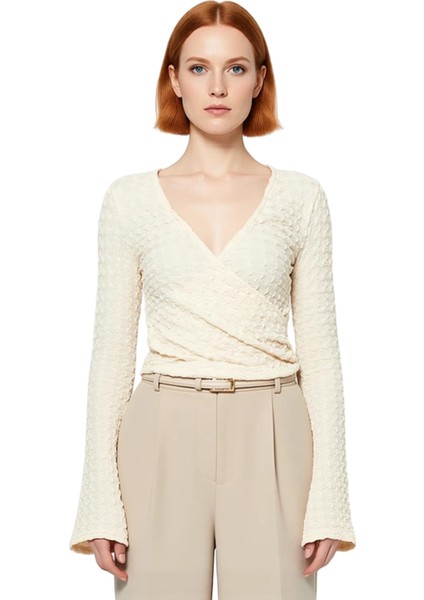 Moda Kruvaze Örme Regular Düz Desen Casual Günlük Crop Uzun Kol Bluz