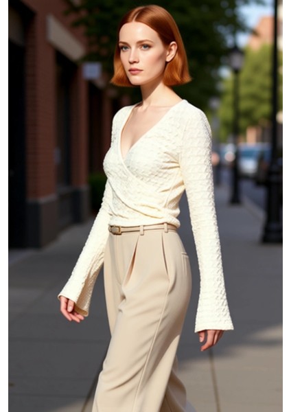 Moda Kruvaze Örme Regular Düz Desen Casual Günlük Crop Uzun Kol Bluz modelleri