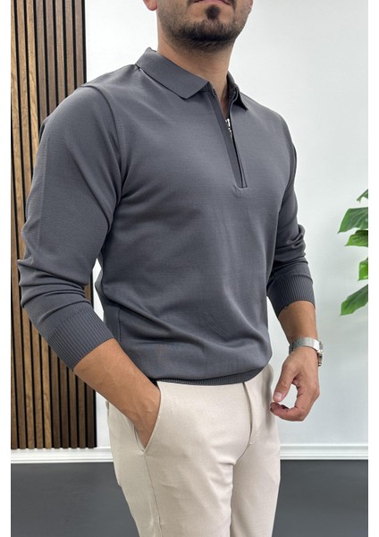 Erkek Yarım Fermuarlı Düz Desen Polo Yaka Kazak Antrasit EDW424 fiyatları