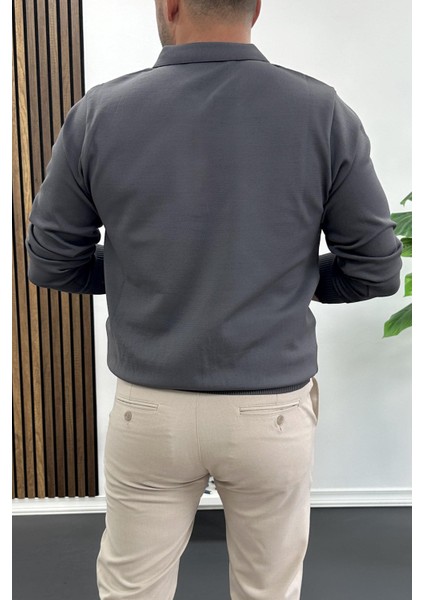 Erkek Yarım Fermuarlı Düz Desen Polo Yaka Kazak Antrasit EDW424 modelleri