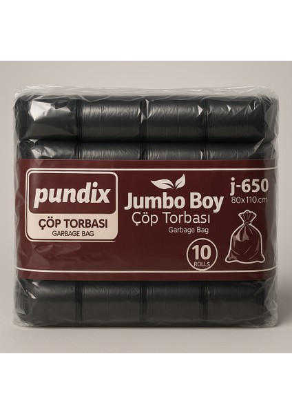 Pundıx J650 Endüstriyel Jumbo Boy Çöp Poşeti – 80X110 cm – 1 Koli (10 Rulo / 100 Adet) Dayanıklı, Sızdırmaz ve Geniş Hacimli Çöp Torbası
