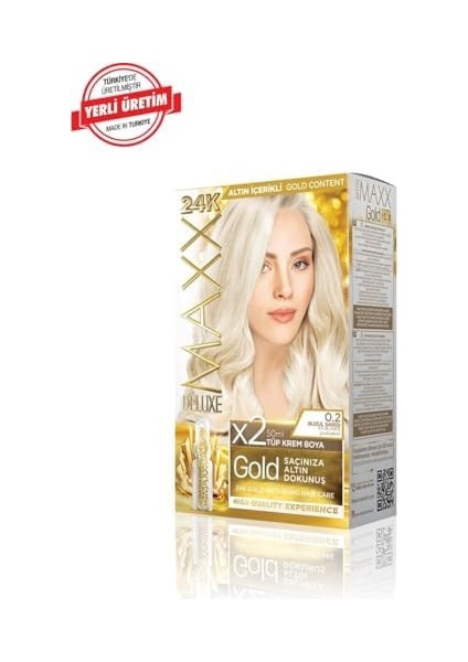 Maxx Deluxe Gold Serisi 24K Altın Parçacıklı Serum ile 1 Kutu 2 x 50 ml ve Geliştiriciler Saç Boyası (Buzul Sarısı 0.2) modelleri