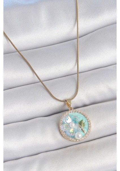 Bfs 316L Çelik Gold Renk Zincir Zirkon Taş Detaylı Mavi Mineli Çiçek Işlemeli Inci Detay Kad