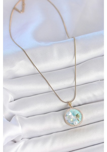 Bfs 316L Çelik Gold Renk Zincir Zirkon Taş Detaylı Mavi Mineli Çiçek Işlemeli Inci Detay Kad fiyatları