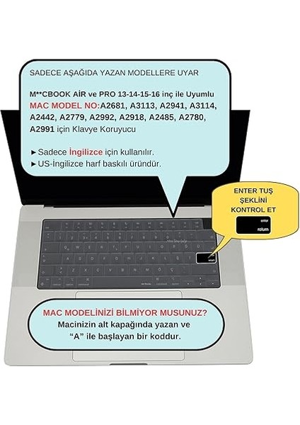Macbook Klavye Koruyucu Air Pro M1-M2-M3 (Us-Ingilizce) (Touchbarsız) A2681 A3113, 2941 A3114, A2442 A2779 A2992 A2918, A2485 A2780 2992 ile Uyumlu Şeffaf fiyatları