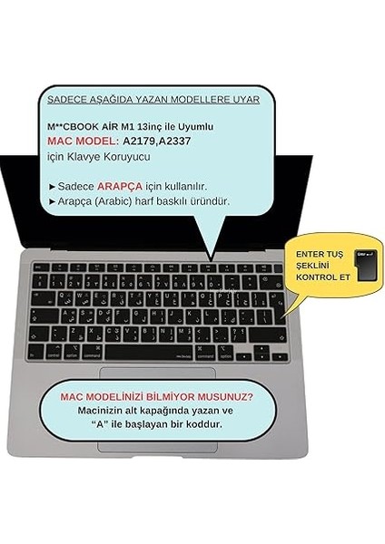Arapça Klavye Koruyucu Macbook Air M1 13INÇ (Touchıd'li Air) A2337 A2179 Uk Enter ile Uyumlu Siyah fiyatları