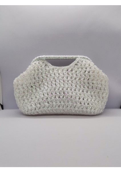 Burslu Clutch Çanta Beyaz Simli Metalik Kağıt Ip El Yapımı