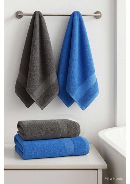 4 Parça Banyo Havlu Takımı &#37;100 Pamuklu Dry Antrasit Mavi