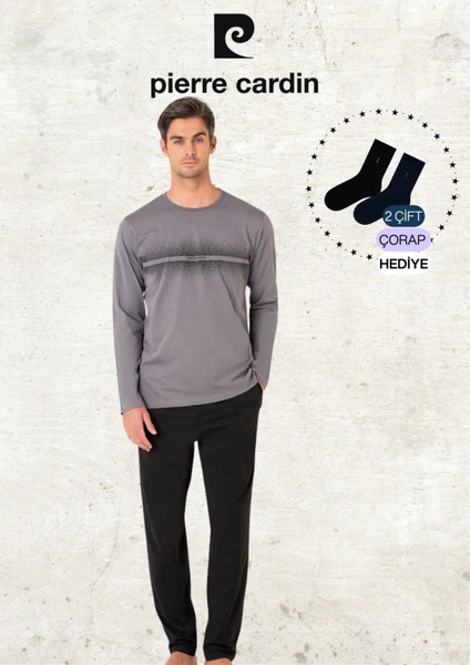 Erkek %100 Pamuk Uzun Kollu Desenli Koyu Gri Pijama Takımı (2 Adet Hediye Çorap) L1.PC.6102.001