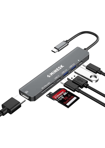 Macbook ile Uyumlu Usb-C Hub Çoklayıcı Hdmı/sd Card/micro Sd/usb 2.0/usb 3.0/usb-C/pd 100WATT / Bağlantı Port USB Çoklayıcı Adaptör (7-In -1 Multi Hub Hdmı)