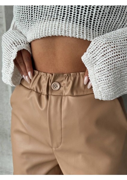 Beli Lastikli Duble Paça Deri Şort Bej W24755