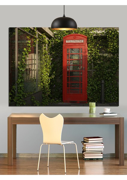 Yemyeşil Sarmaşık Kaplı Telefon Kulübesi Dekoratif Kanvas - Mdf Ahşap Tablo