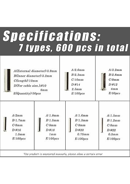 600 Adet Kablo Pabucu Seti, Kablo Pabucu Kutusu, Tek Renkli, Sıkma Pensesi, Kablo Pabucu Çeşitleri (0,5 Mm2 x 100, 0,75 x 100, 1 x 100, 1 x 100, 2,5 x 100, 4 x 50, 6 x 50) fiyatları