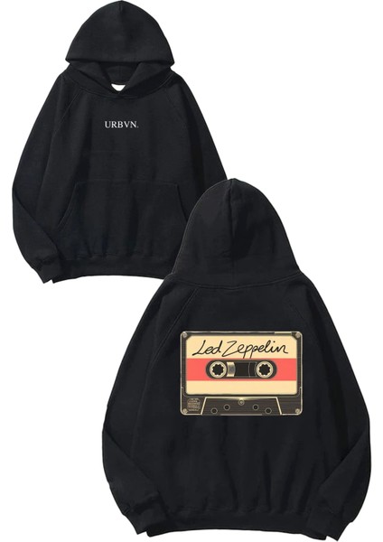 LED Zeppelin Tasarım Baskılı Oversize Siyah Kapüşonlu Sweatshirt