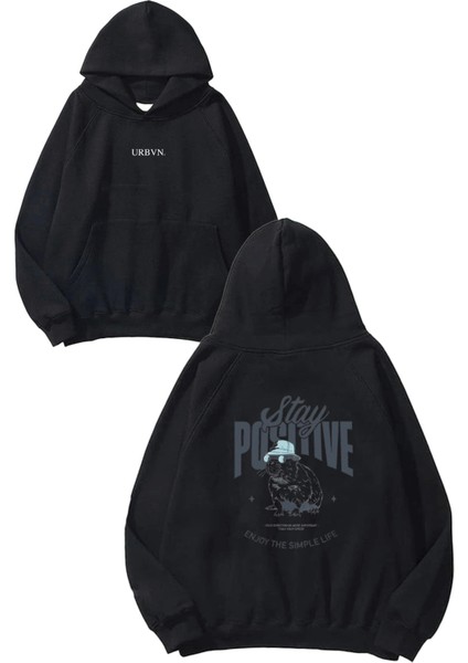 Positive Tasarım Baskılı Oversize Siyah Kapüşonlu Sweatshirt