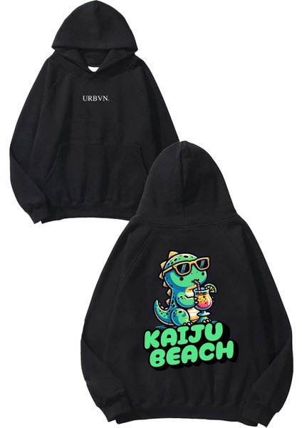 Kaiju Beach Tasarım Baskılı Oversize Siyah Kapüşonlu Sweatshirt