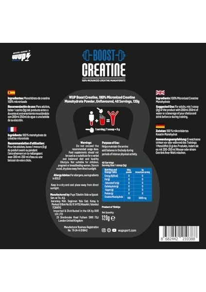 Wup Boost Creatine 40 SERVIS,%100 Mikronize Kreatin Monohidrat, Aromasız fiyatları