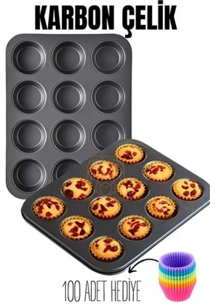 12 Li Muffin Kalıbı Teflon Çelik 100 Muffin Kağıtlı fiyatları