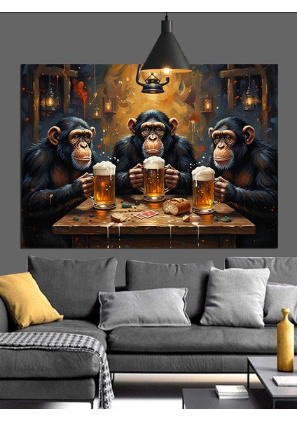 Bira Içen Üç Maymun Dekoratif Kanvas - Mdf Ahşap Tablo