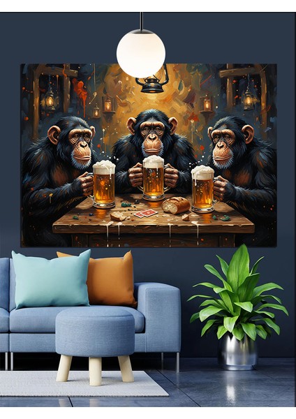 Bira Içen Üç Maymun Dekoratif Kanvas - Mdf Ahşap Tablo fırsatları